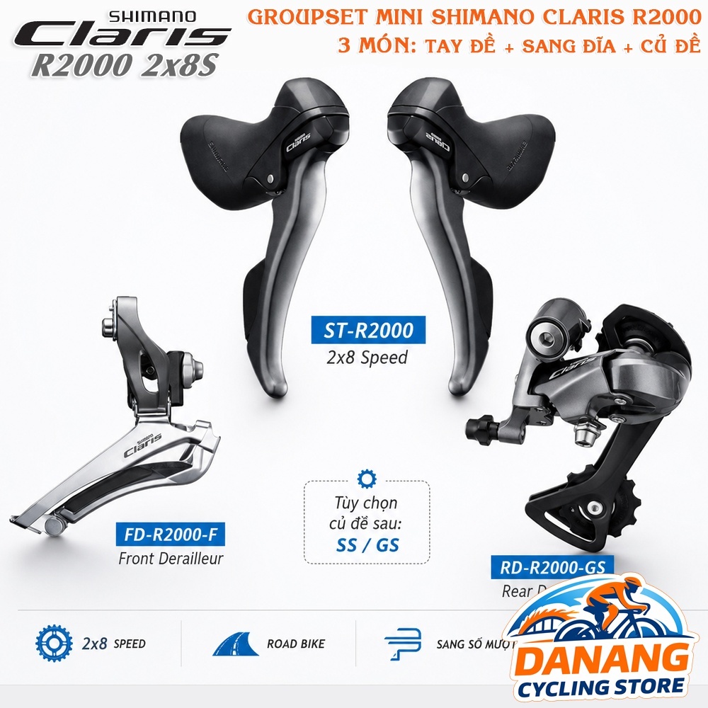 Groupset Mini 3 Món Xe Đạp: SHIMANO Claris R2000 2x8 Tốc Độ – Tay Đề Lắc + Củ Đề + Sang Đĩa