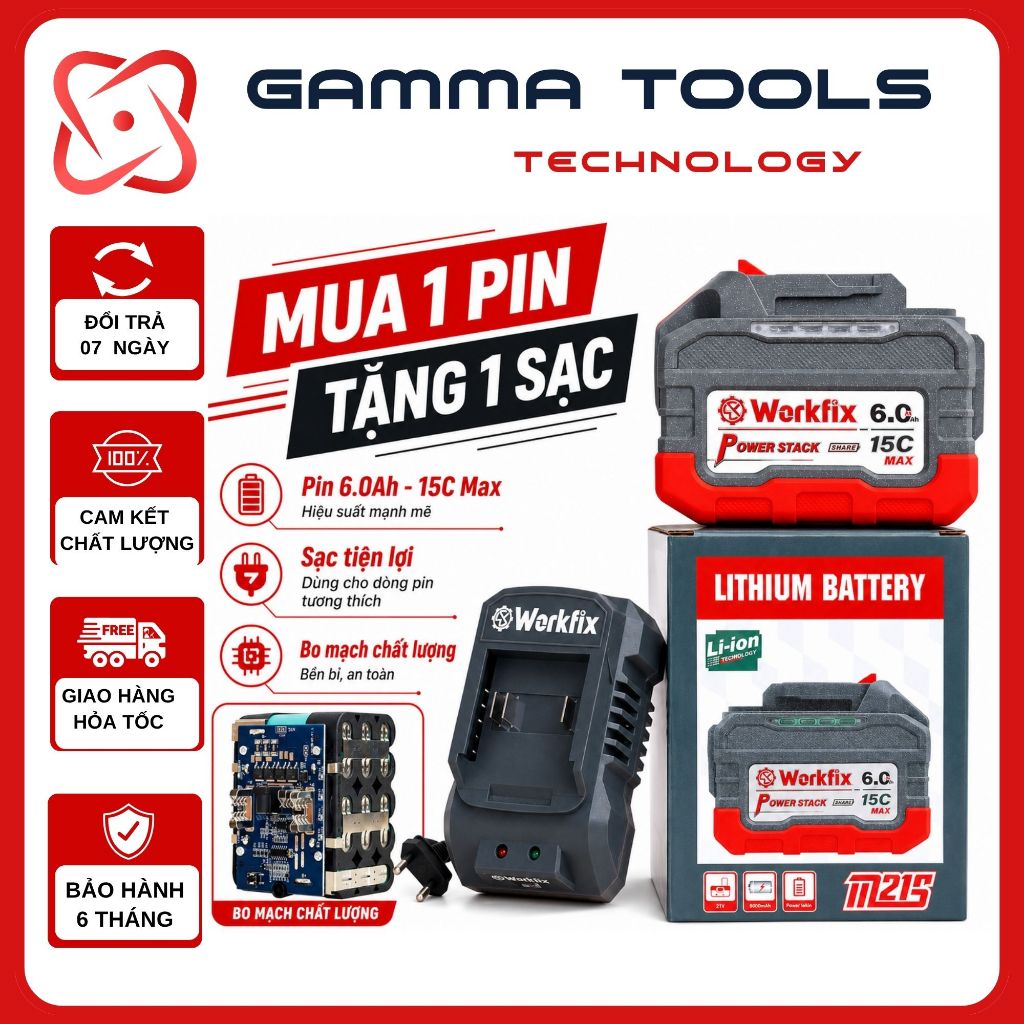 Pin 15 Cell WORKFIX WF-BK6015MAX 6Ah Max CELL EVE – Dòng Xả 15C, Pin Lithium-ion Vỏ ABS Bọc Cao Su, 
