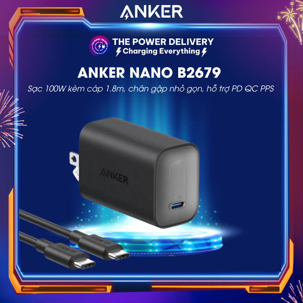 Bộ Sạc Nhanh Anker Nano B2679 100W, Kèm Cáp USB-C to USB-C 1,8m Chân Gập Nhỏ Gọn, Hỗ Trợ PD, QC3.0, 