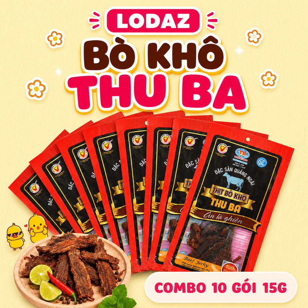 Combo 10 gói Bò Khô Thu Ba 15g/gói – Đặc sản Quảng Ngãi, gói nhỏ tiện lợi