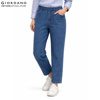 GIORDANO Quần Lửng Khaki Nữ Denim Mid Rise Relaxed Tapered Elastic Waist Pants 5425037