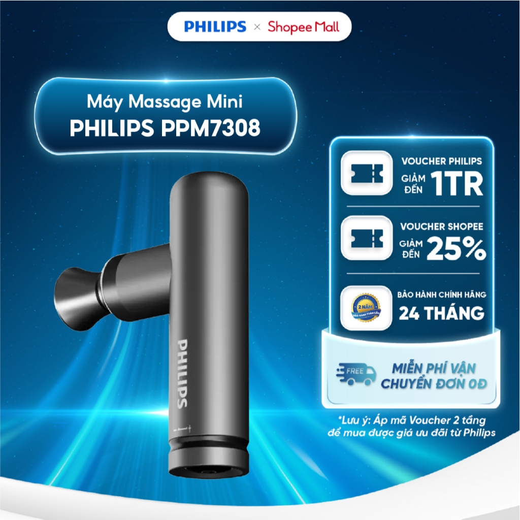 Máy massage mini Philips PPM7308 - Pin 1500mAh - 5 mức độ hoạt động - 4 đầu massage