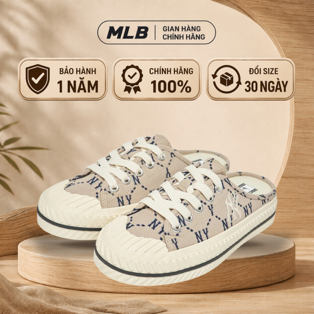 Giày playball origin mule nâu chính hãng full box hiddentag check auth, sục giày đạp gót mlb vải can