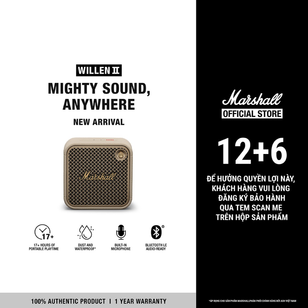 Loa Marshall Bluetooth Willen II - Pin lên đến 17h - Bảo Hành Chính Hãng 1 Đổi 1 Trong 1 Năm