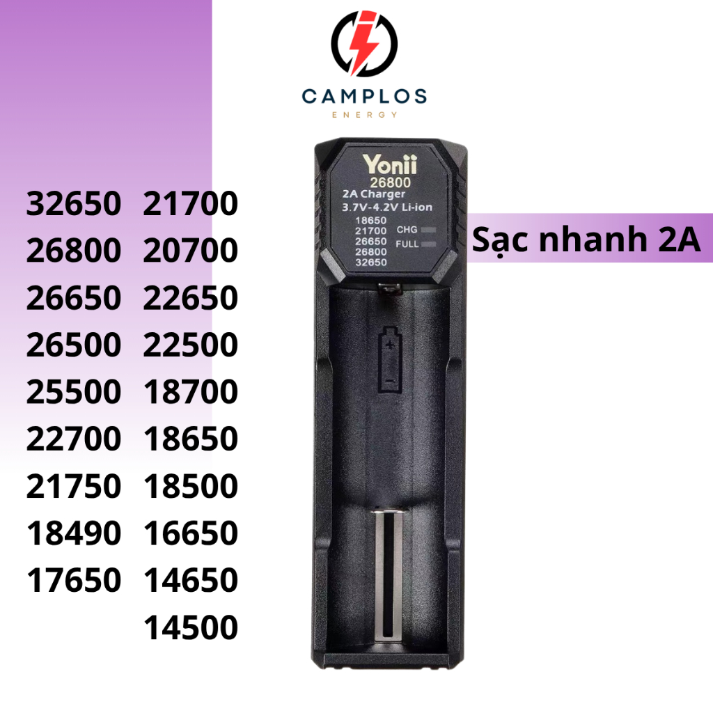 CAMPLOS Bộ sạc nhanh 2A 1 khe cắm cho pin 26800 21700 26650 18650 14500 bộ sạc pin lithium Yonii 268