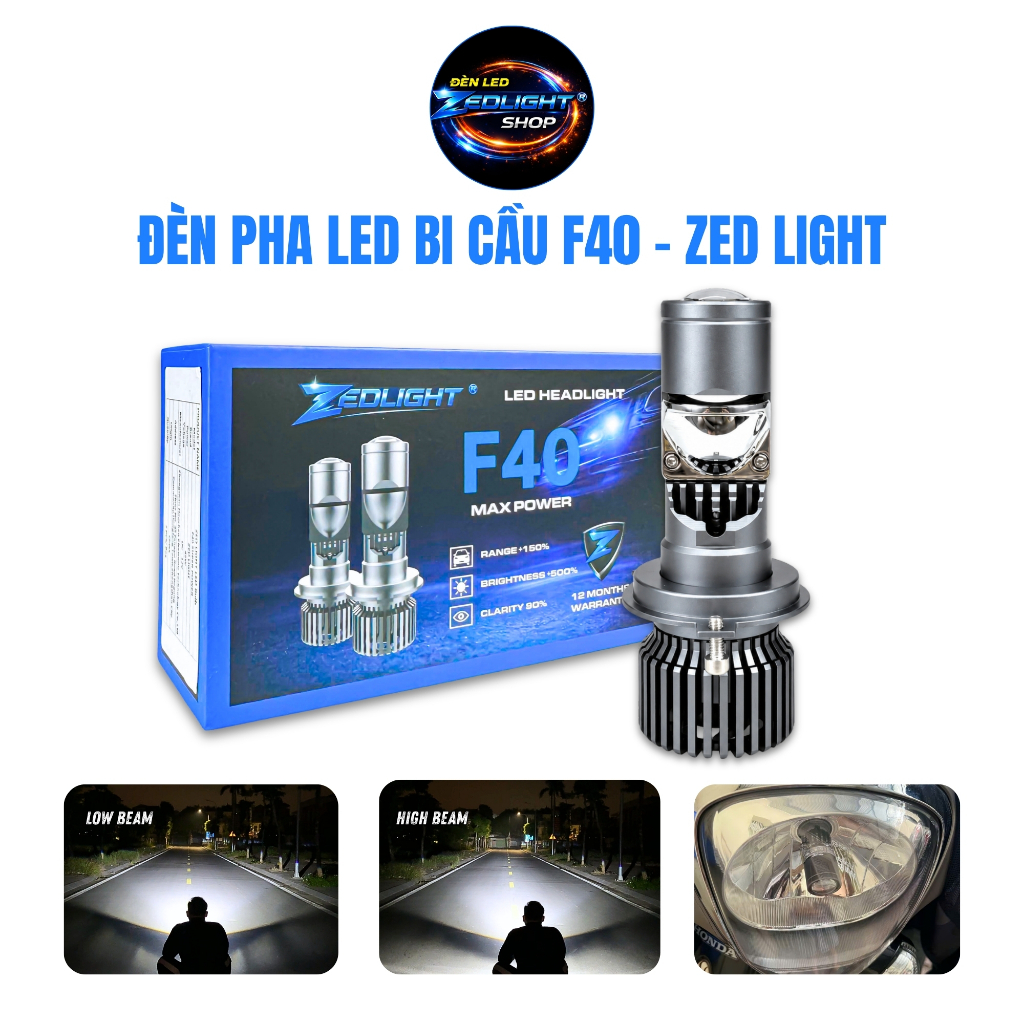 Đèn Pha Bi Cầu F40 ZED LIGHT - Ánh Sáng Sắc Nét, Chiếu Xa Tới 200m - Lắp Cho Xe Máy SH Mode, SH Ý, L
