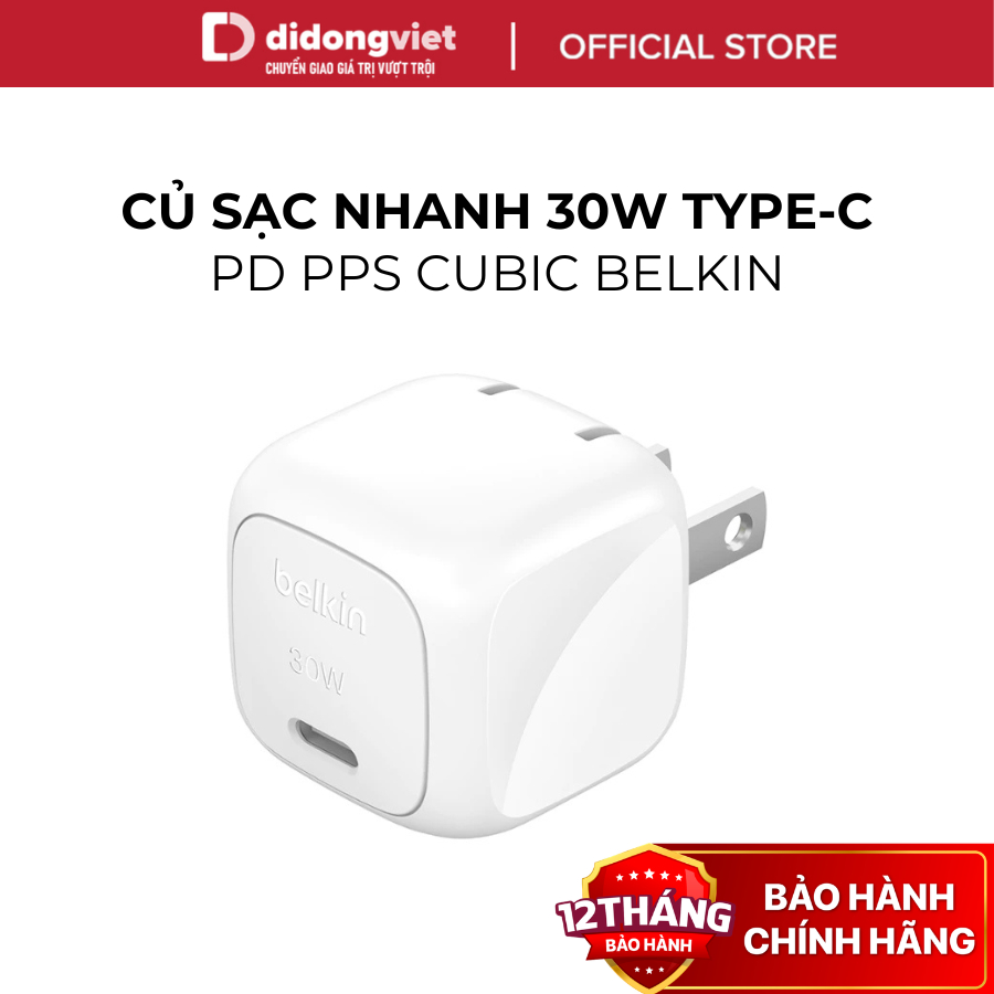 Củ Sạc Nhanh Belkin 30W USB-C PD PPS Cubic Wall Charger - Hàng Chính Hãng