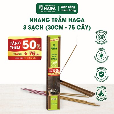 Nhang trầm hương tự nhiên HAGA 3 Sạch 75 cây, ít khói, thơm trầm thờ cúng, đốt bàn thờ, 30cm/40cm
