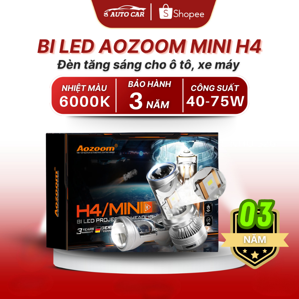 Bi Cầu Mini H4 Aozoom Bi Led Mini Chân H4 Công Suất 40W - 75W Lắp Cho Xe Máy, Ô Tô