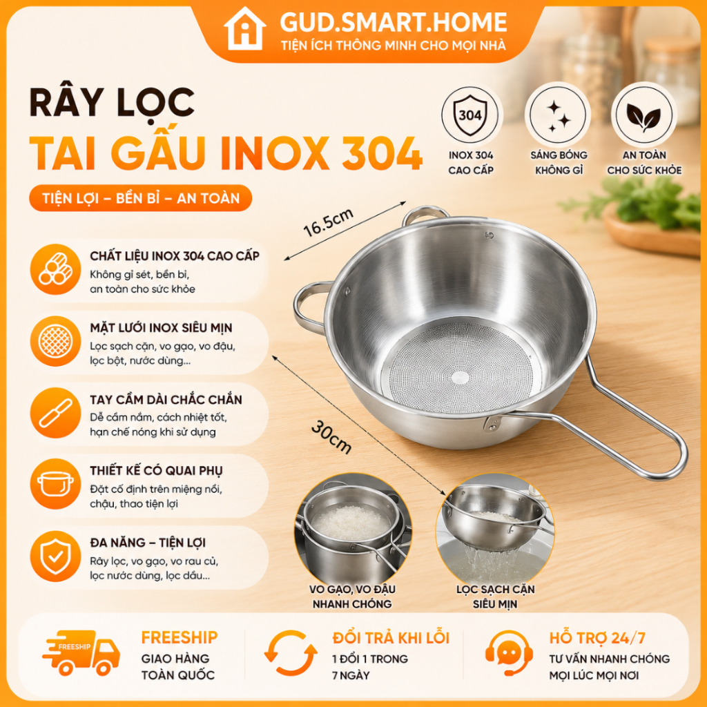 Rây Lọc Tai Gấu Inox 304, Chống gỉ, Rây Lọc Gạo, Lọc Sữa, Rây Bột, Tay Cầm Dài, Chắc Chắn