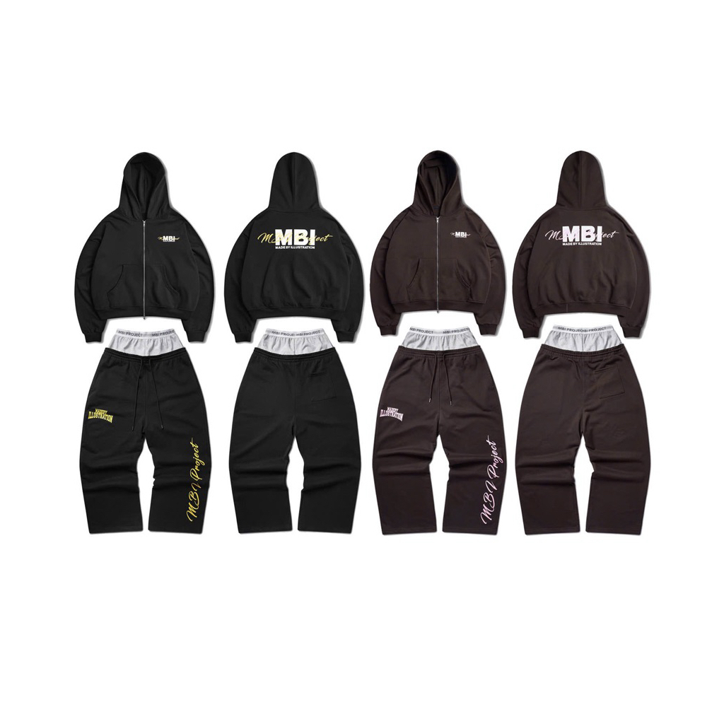MBI | MBI PROJECT ZIP HOODIE | set áo khoác và quần nỉ MBI/thiết kế 2 lưng, lưng thun dệt logo MBI, 