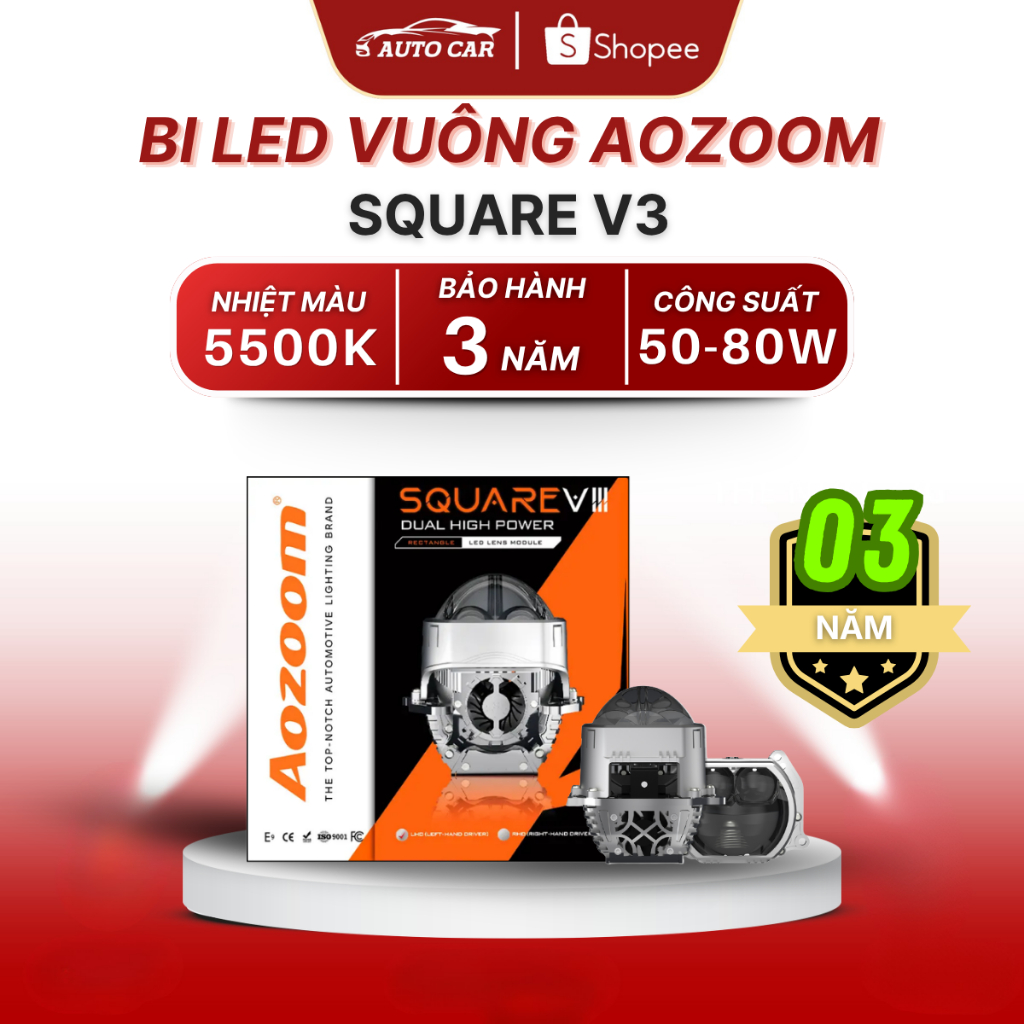 Bi Led Aozoom Square V3 Tăng Độ Sáng Xe Ô Tô, Xe Máy