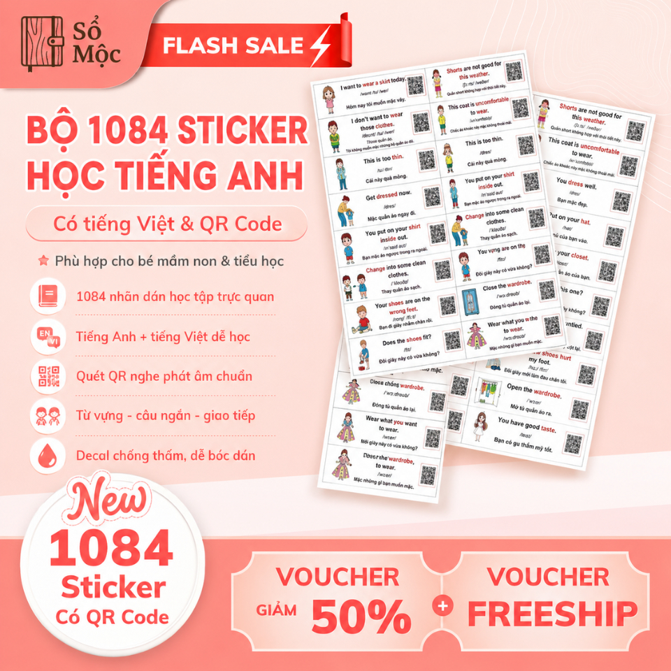 Bộ 1084 Nhãn Dán Sticker Học Tiếng Anh Có Tiếng Việt QR Code Từ Vựng Giao Tiếp Cho Bé
