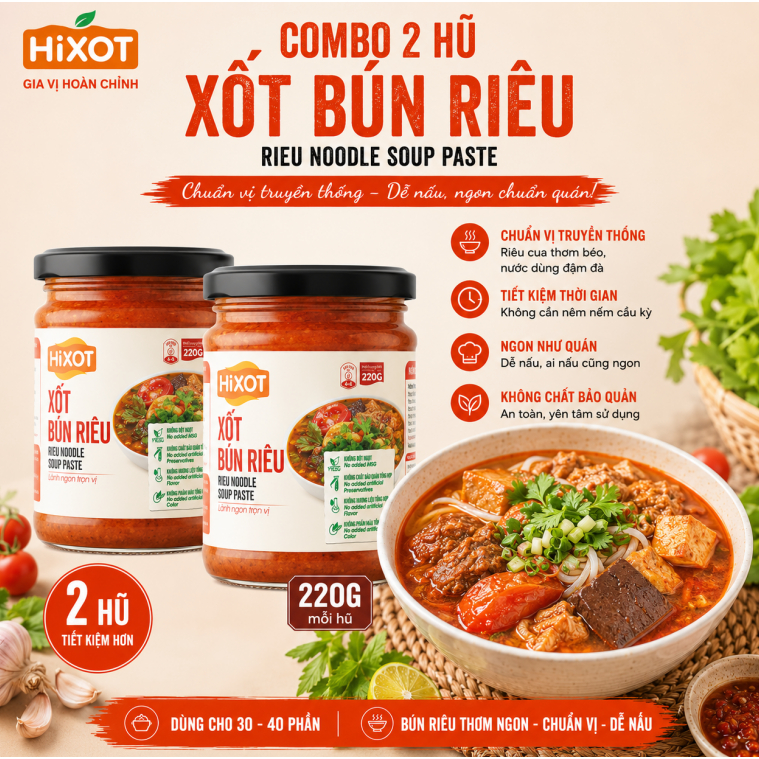 COMBO 2 Sốt Gia Vị Bún Riêu HiXOT hũ 220gram, nấu bún riêu cua/ tôm, lẩu riêu