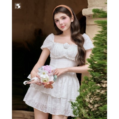 Đầm nữ Twentyfive chiết eo, vạt xòe 2 lớp vải cotton thêu phong cách tiểu thư DH170