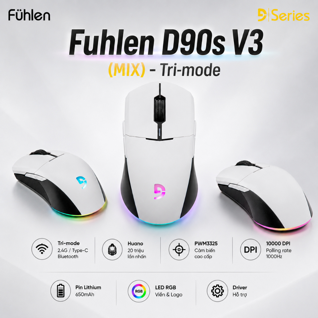 Chuột Gaming Fuhlen D90S RGB Tri-MODE 2.4G/TYPE-C/Bluetooth - Hàng chính hãnġ