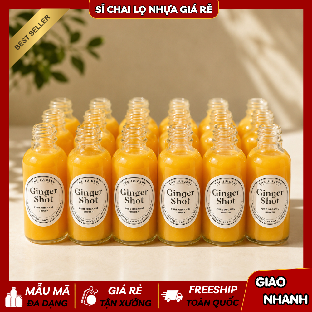 Combo 50/100C Chai Lọ Thủy Tinh Làm Ginger Shot Loại 50ml Nắp Nhựa Đựng Nước Ép Gừng, Detox