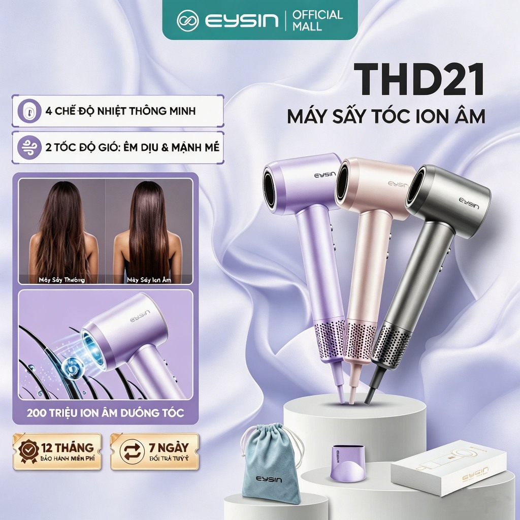 [V] Máy sấy tóc EYSIN THD21 Tốc Độ Cao Công Suất 1600W 200 Triệu Ion Âm Nhỏ Gọn Nhanh Khô Tóc
