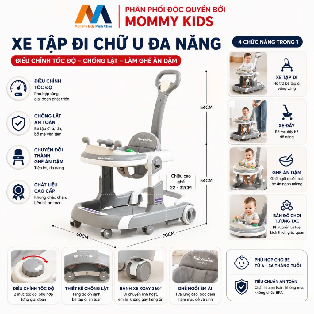 Xe tập đi chữ u cho bé có tây đẩy, có nhạc, nâng chỉnh được chiều cao, tốc độ có dệm lót và tay dây