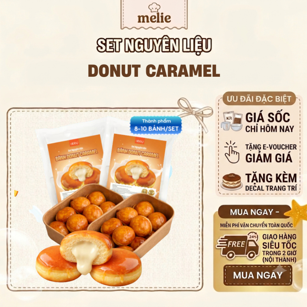 Set nguyên liệu Melie làm bánh Donut Caramel - Thành phẩm 8-10 bánh