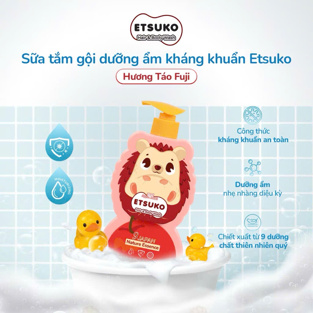 Sữa Tắm Gội Cho Bé ETSUKO Hương Dưa Lưới Nhật 400ml Dưỡng Ẩm Và Kháng Khuẩn An Toàn Cho Da Nhạy Cảm.