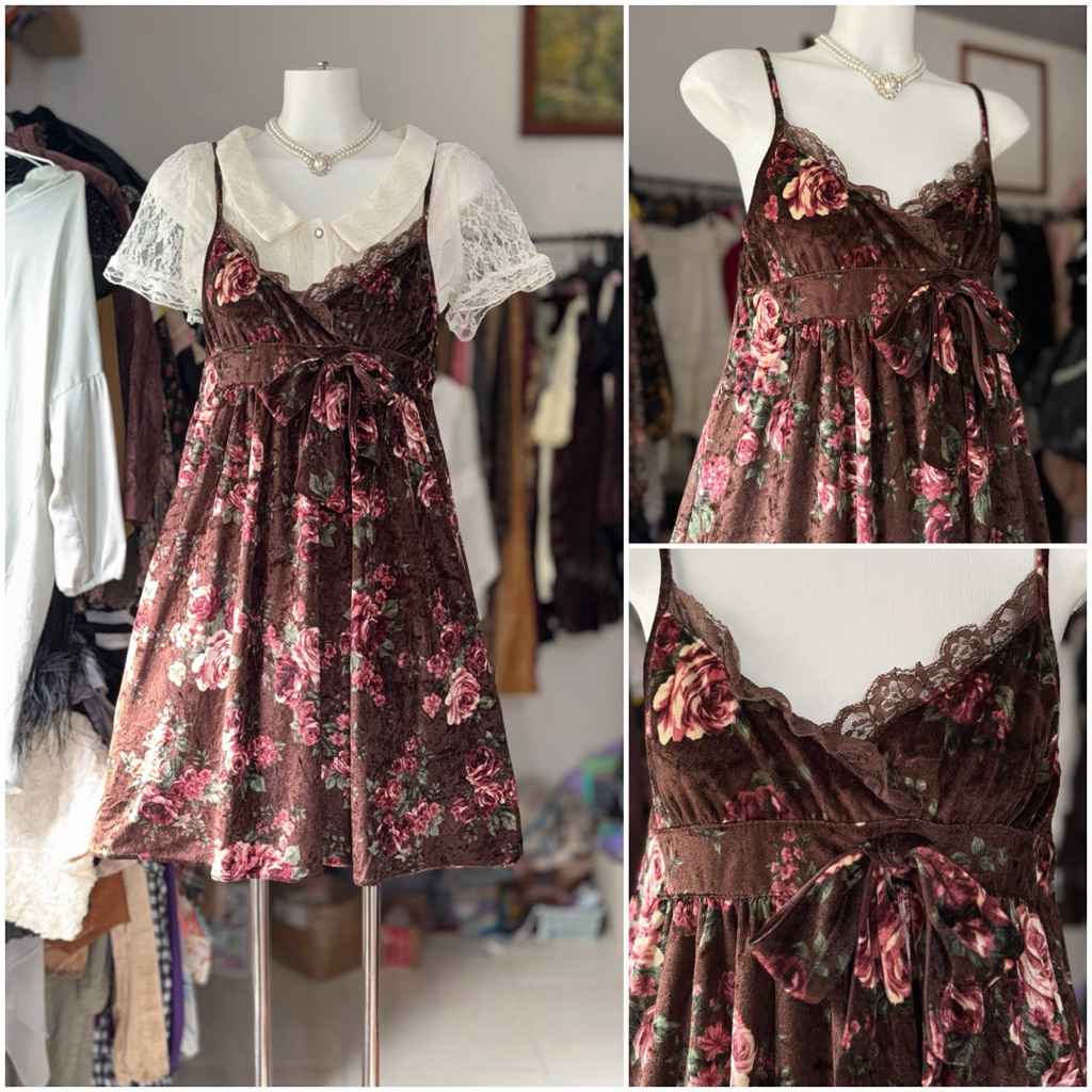 [2hand_thrift] Đầm hai dây nhung hoa Liz Lisa M ngực 80-86 dài 84‼️ko kèm áo