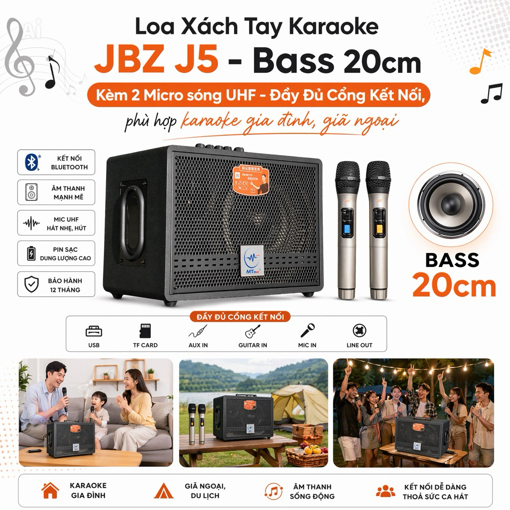 Loa Xách Tay Karaoke JBZ J5 - Loa Bass 20cm Kèm 2 Micro - Đầy Đủ Cổng Kết Nối - Bảo Hành 12 Tháng