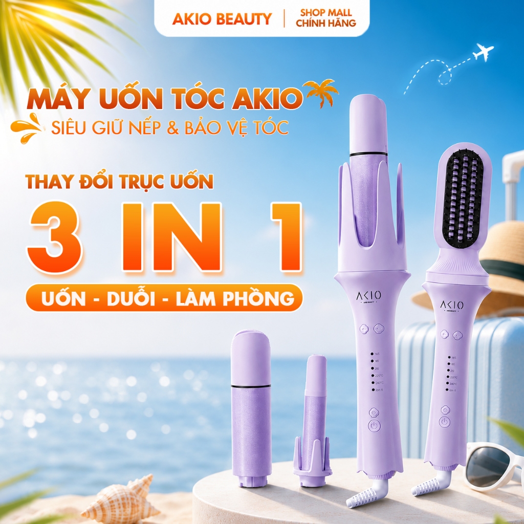 Máy uốn tóc xoăn tự động AKIO BEAUTY 3 trục thay đổi đường kính uốn 28mm, 32mm 40mm và 1 đầu lược