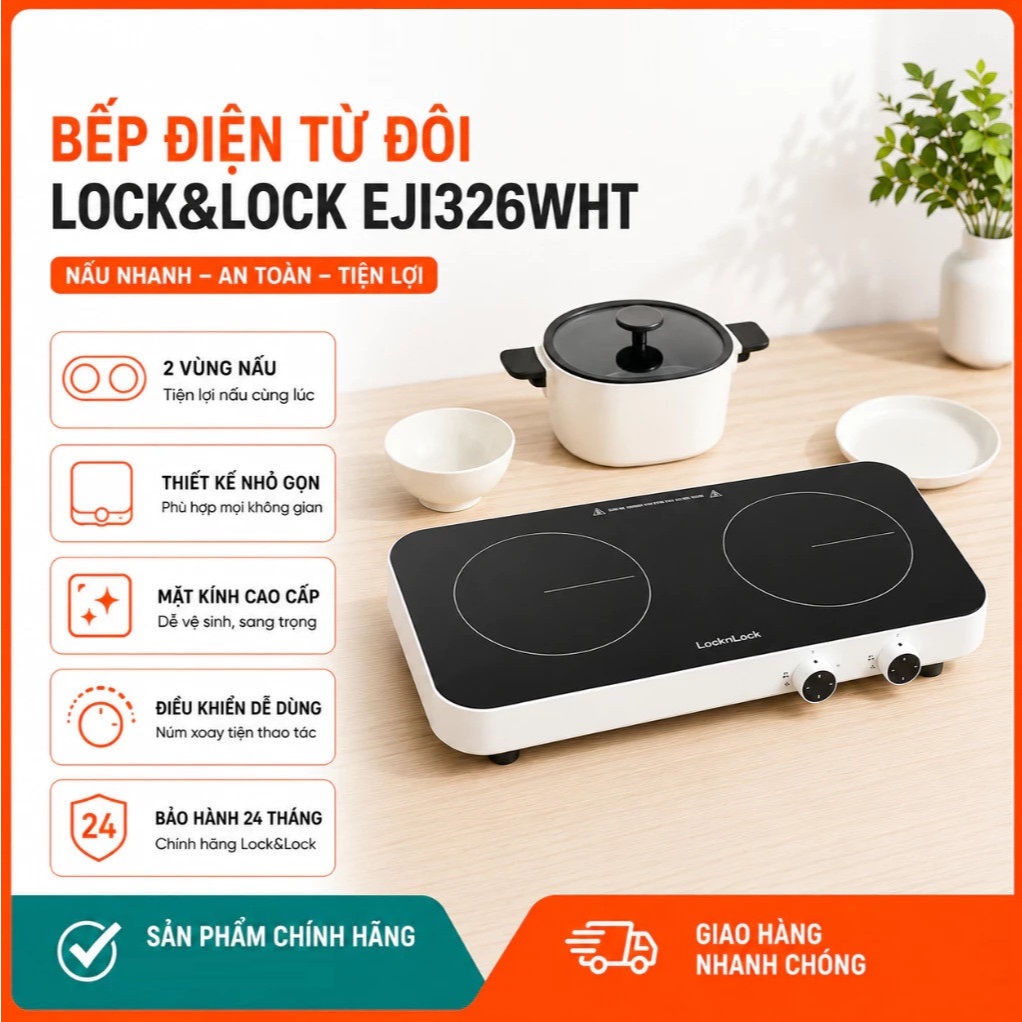 Bếp Điện Từ Đôi LocknLock Square Double induction EJI326WHT Mặt Pha Lê, Nhỏ Gọn - Bảo Hành 2 Năm