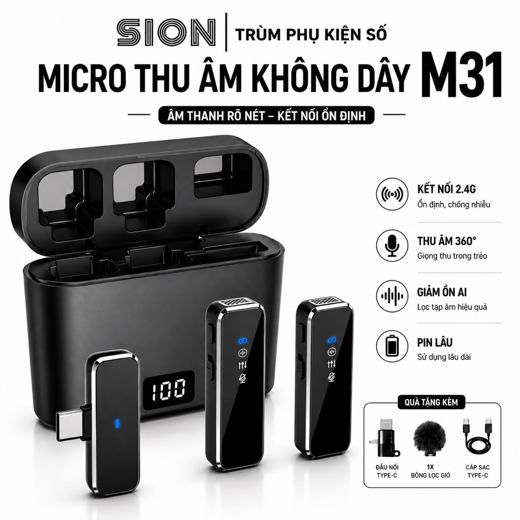 Mic Thu Âm Không Dây M31 2 Mic Chống ồn AI, Mic Cài Áo - Mic Livestream, Quay Video, Vlog, Cho Điện 