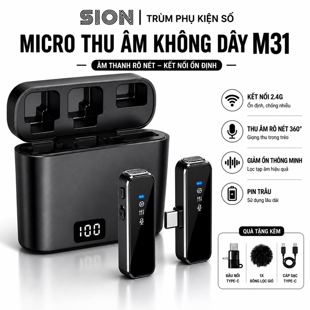 Mic Thu Âm Không Dây M31 1 Mic Chống ồn AI, Mic cài Áo - Mic Livestream, Quay Video, Vlog, Cho Điện 