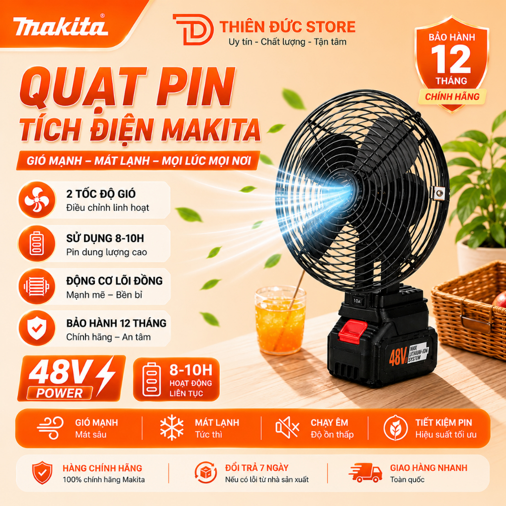 Quạt Pin Tích Điện MAKITA 8 Inch 10cell,20Cell, 30 cell Để Bàn Công Suất Lớn, Chạy 2-10 Giờ, Gió Mạnh Làm Mát Cực T ốt