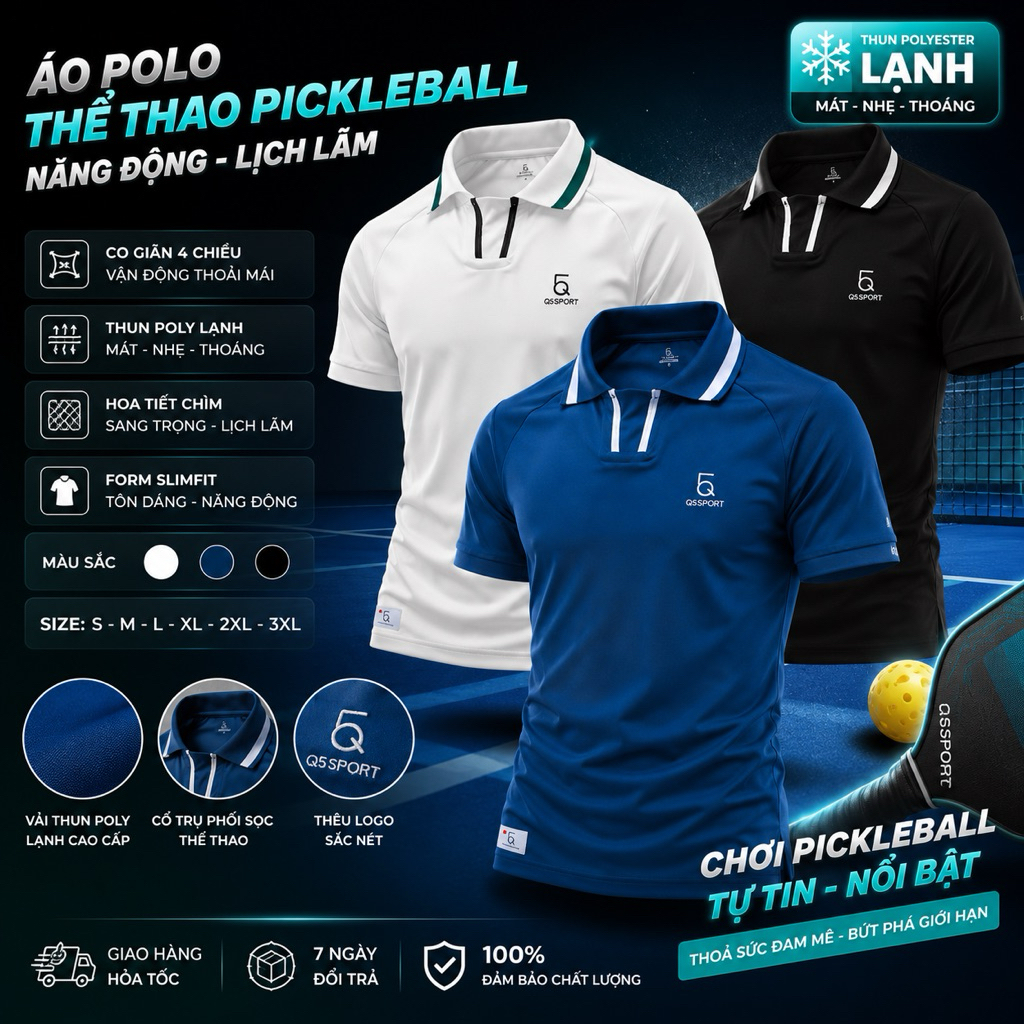 Áo Thể Thao Polo Viền Hiện Đại Cao Cấp Q5 Sport logo thêu chơi golf,tennis,pickleball,cầu long (att8