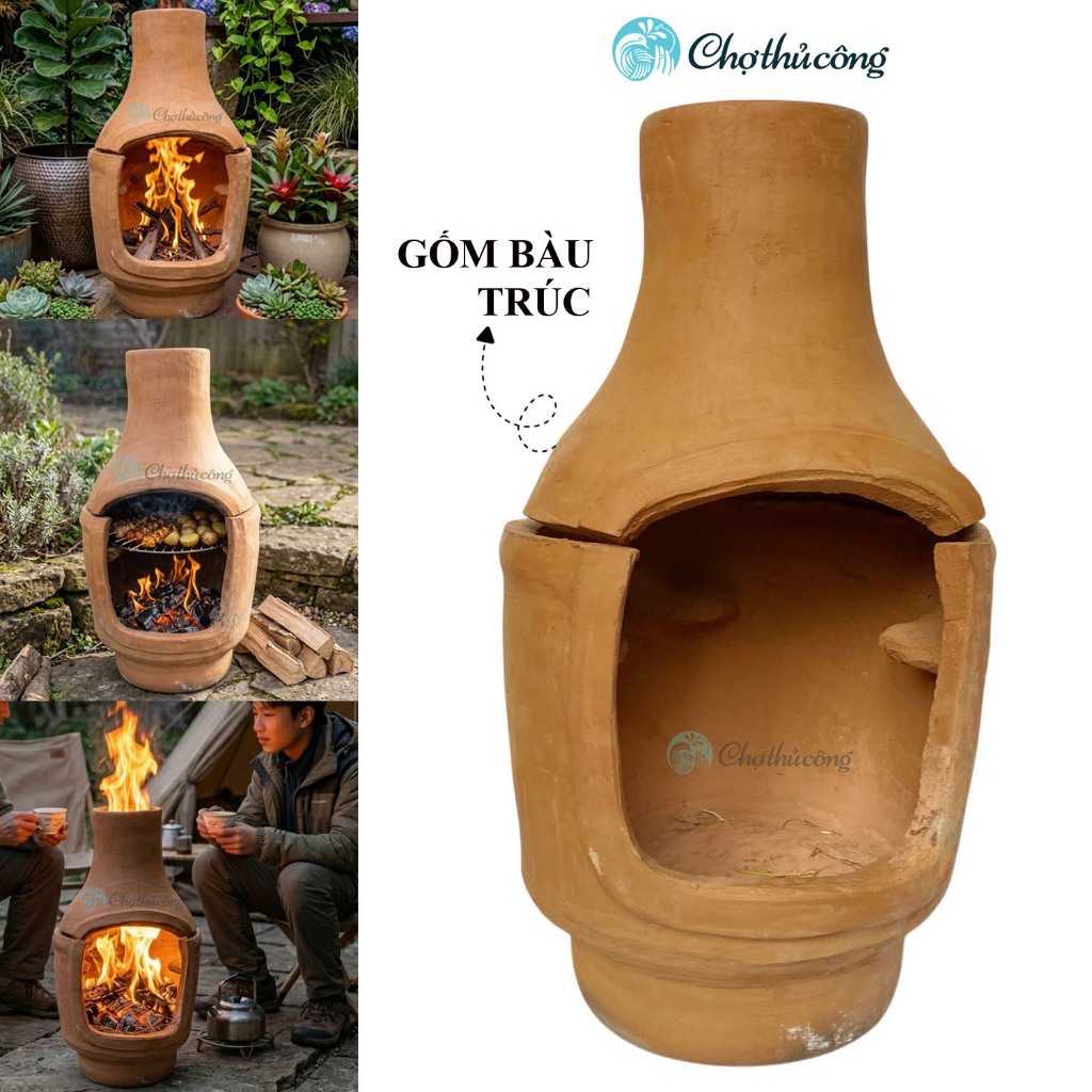 Lò nướng than ngoài trời gốm đất nung Bàu Trúc, lò nướng bánh pizza bbq, lò sưởi đốt củi decor mini