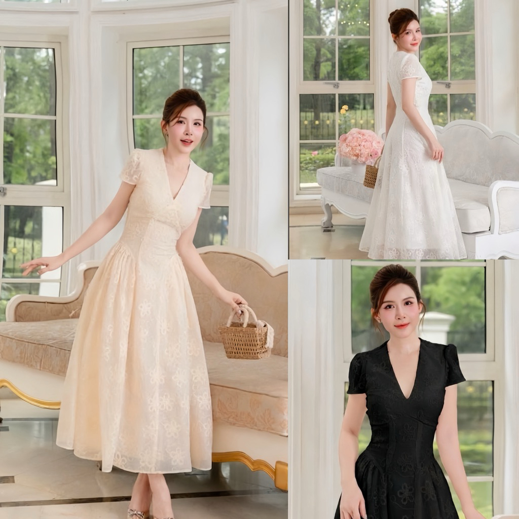 Bigsize Đầm ren hoa nổi cổ v dáng dài sang chảnh 55-120kg D700