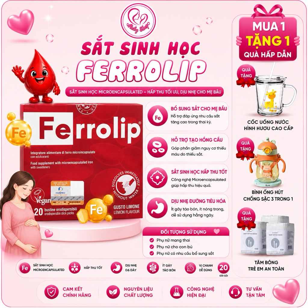 Sắt bầu Ferrolip hộp 20 gói nhập khẩu chính hãng - Bổ sung sắt phòng thiếu máu