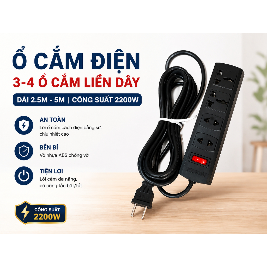 Ổ Cắm Điện Liền Dây 3-4 Ổ Cắm 2200W Dây Dài 2.5M/5M Hinoki – Lõi Sứ Chịu Nhiệt, Có Công Tắc Bật Tắt,