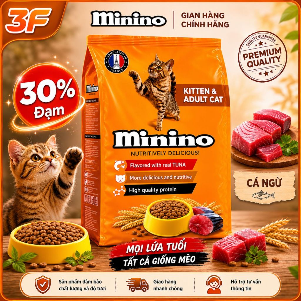 [Mua nhiều tiết kiệm] Thức Ăn Hạt Cho Mèo Minino Yum 350g–480g | 3 Vị Cá & Hải Sản | 3FStore