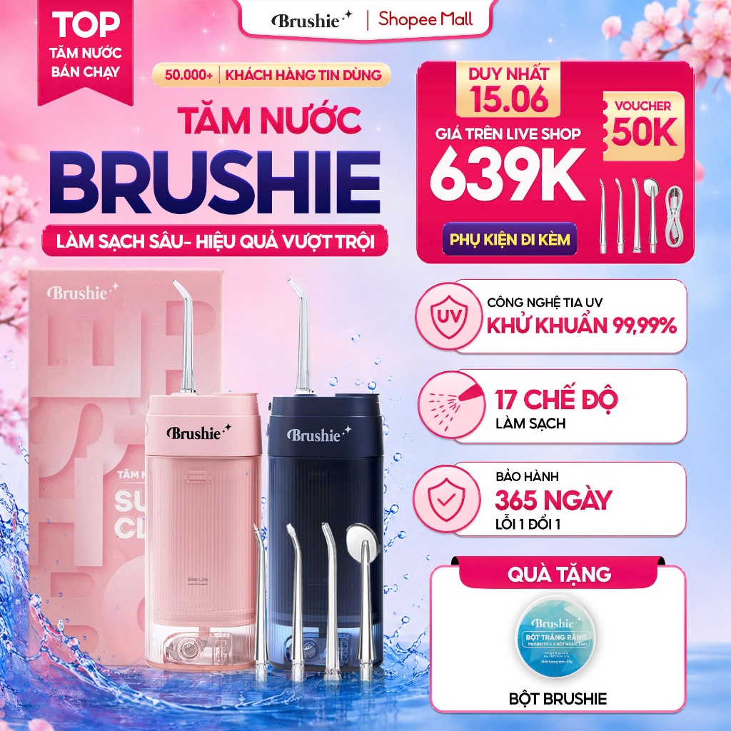 [GIÁ 646K LIVE ECOGO] Tăm nước Brushie Super Clean Flossie,Cải Tiến 17 Chế Độ Làm Sạch Sâu Cho Răng 