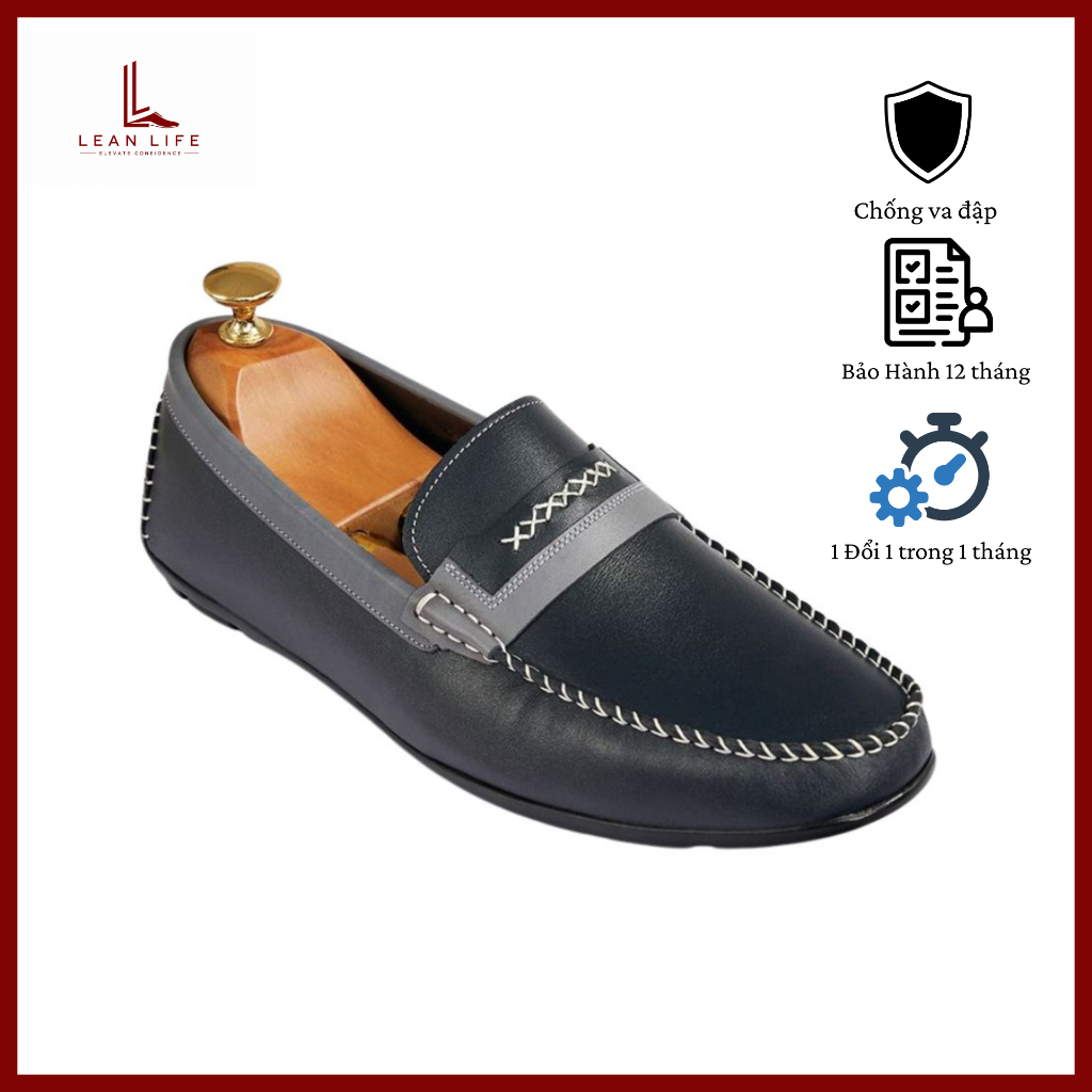 Giày Moccasin da nam mũi tròn họa tiết chỉ nổi