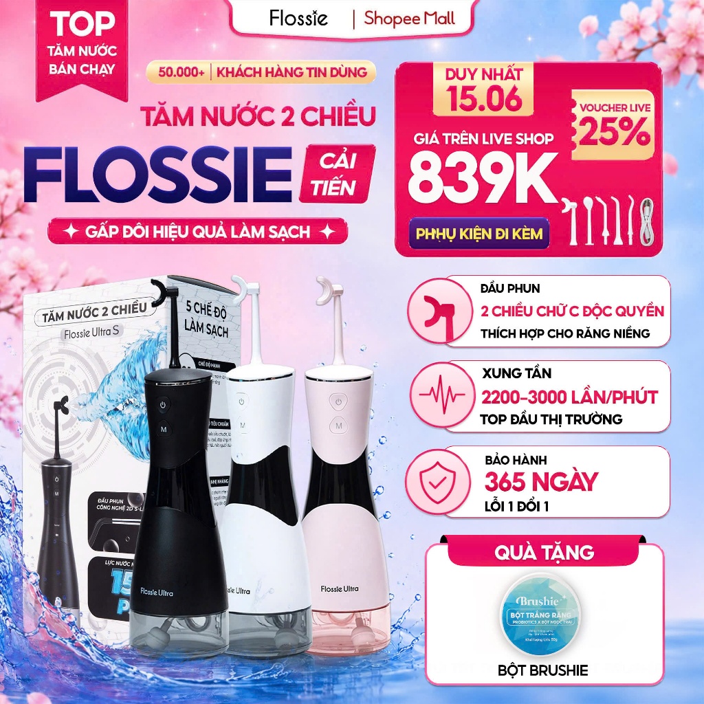 [GIÁ 949K LIVE ECOGO] Máy tăm nước Flossie Ultra vòi phun 2 chiều, công nghệ xoay 360 độ cho răng ni