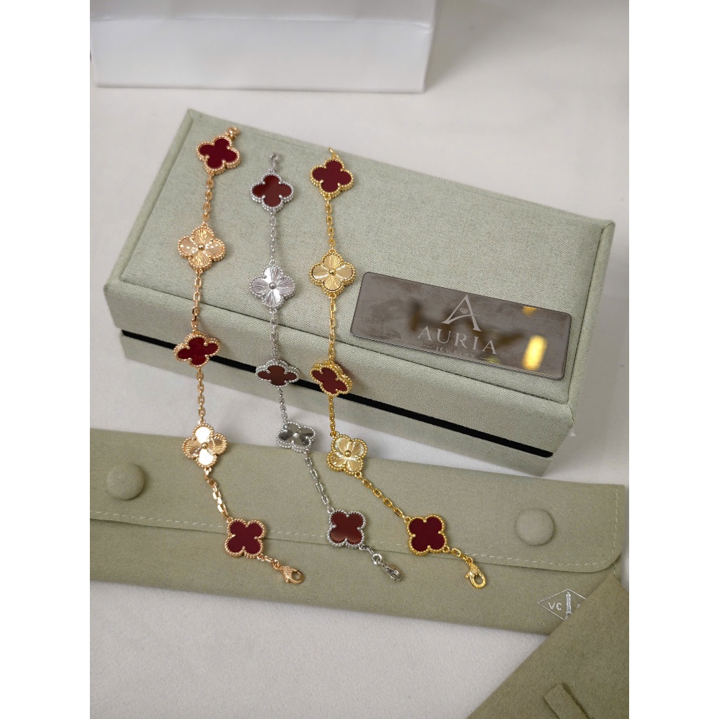 lắc van 4 lá đỏ mix phay mạ vàng 18k cao cấp đầy đủ logo sắc nét phiên bản 15mm phụ kiện thời trang 