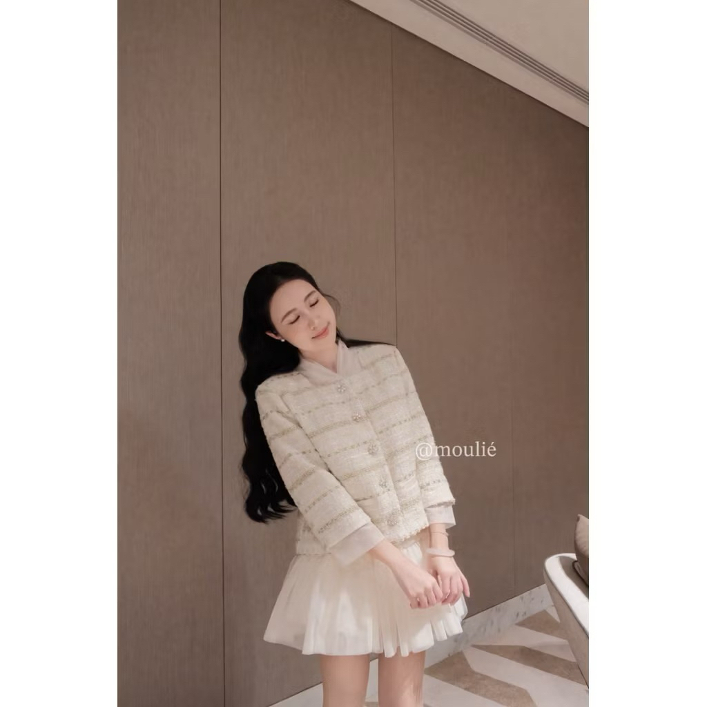 (Pass) MOULIÉ | 𝐍𝐚𝐧𝐜𝐲 𝐓𝐰𝐞𝐞𝐝 𝐉𝐚𝐜𝐤𝐞𝐭 Áo dạ phối cổ lưới cúc đá size S