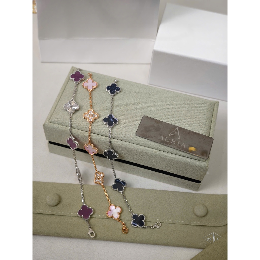 Lắc Van 4 lá cao cấp mạ vàng 18k đầy đủ logo sắc nét phiên bản 15mm phụ kiện thời trang Auria Jewelr