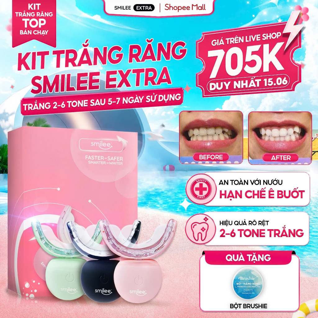 [GIÁ 615K LIVE ECOGO] Bộ Kit Trắng Răng Smilee Extra, Làm Trắng Răng Bật 2-6 Tone Tại Nhà Phiên Bản 