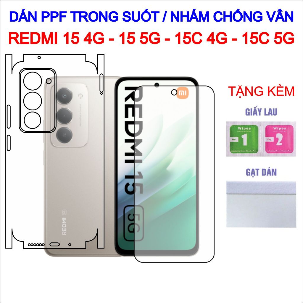Dán PPF Redmi 15 4G, Redmi 15 5G, Redmi 15C 4G, Redmi 15C 5G full lưng viền, màn hình