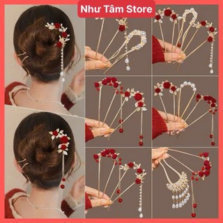 Trâm Cài Tóc Chữ U Đính Hoa Hồng Đỏ Tua Rua Phong Cách Trung Hoa Thời Trang Cho Nữ - Trâm Tết, Noel Giáng Sinh