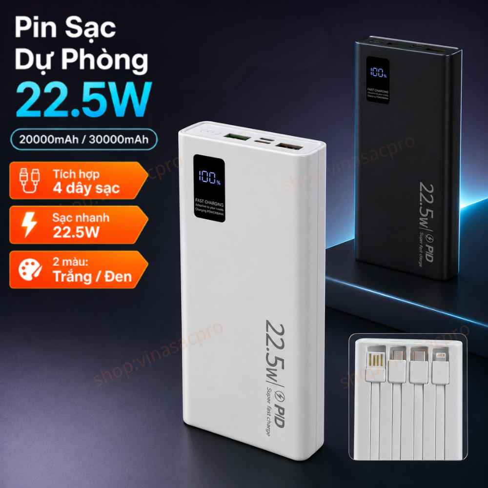 Pin Sạc Dự Phòng 20000/30000mAh 22.5W, Tích Hợp 4 Dây USB Micro Type-C Lightn, Màn Hình LED, 2 Cổng 