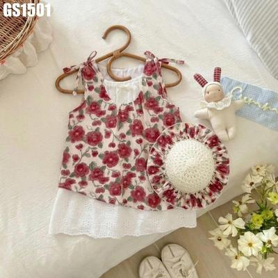 Set Váy Họa Tiết Hoa Màu Đỏ Kèm Nón Cói Cho Bé Gái 1 2 3 4 5 Tuổi MINTSCLOSET Quảng Châu - GS1501