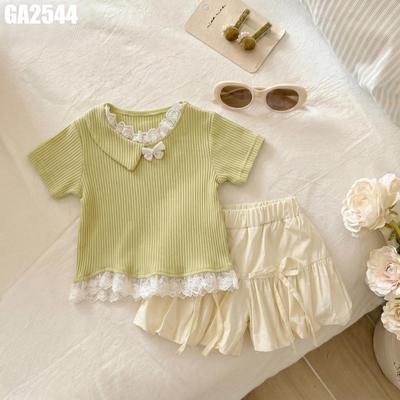 Set Quần Áo Bé Gái Áo Thun Tăm Cổ Sen Viền Ren Phối Quần Bí Sành Điệu MINTSCLOSET GA2544